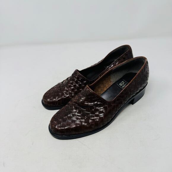 Vintage Nine West 6.5M Brown Woven Leather Loafers Block Heel Slip On Classic - Picture 1 of 12